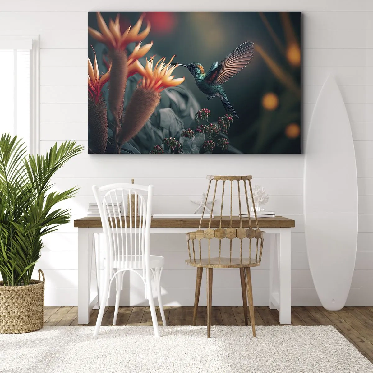 Canvas picture - A colorful hummingbird by flowers against a natural background - 70x50cm - Really Colourful Life - Modern wall decoration for the living room and bedroom ARTTOR