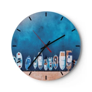 Wall clock - Clock on glass - A row of boats moored at the quay in the blue water - 30x30cm - In One Row - Modern wall decoration for the living room, kitchen, and bedroom ARTTOR