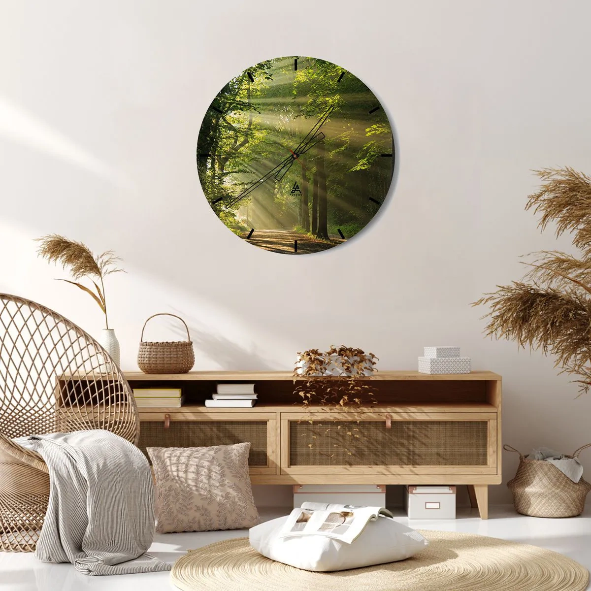 Wall clock - Clock on glass - Forest path in the rays of the morning sun - 30x30cm - Forest Moment - Modern wall decoration for the living room, kitchen, and bedroom ARTTOR