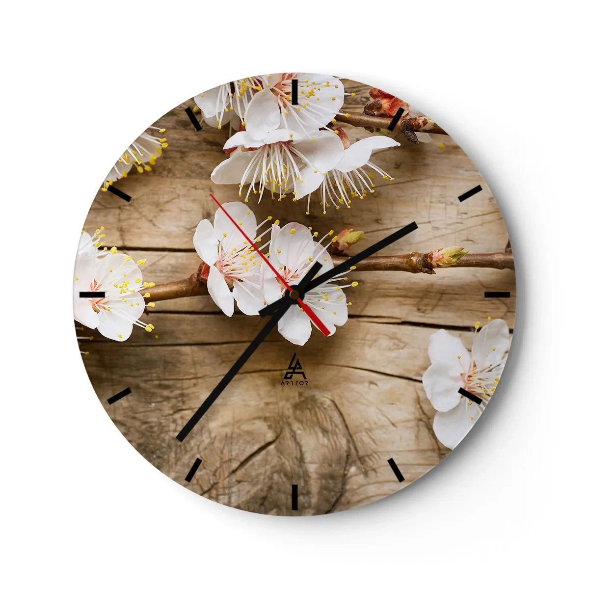 Wall clock - Clock on glass - Blooming cherry blossoms on a wooden board background in warm tones - 30x30cm - Spring Has Arrived - Modern wall decoration for the living room, kitchen, and bedroom ARTTOR