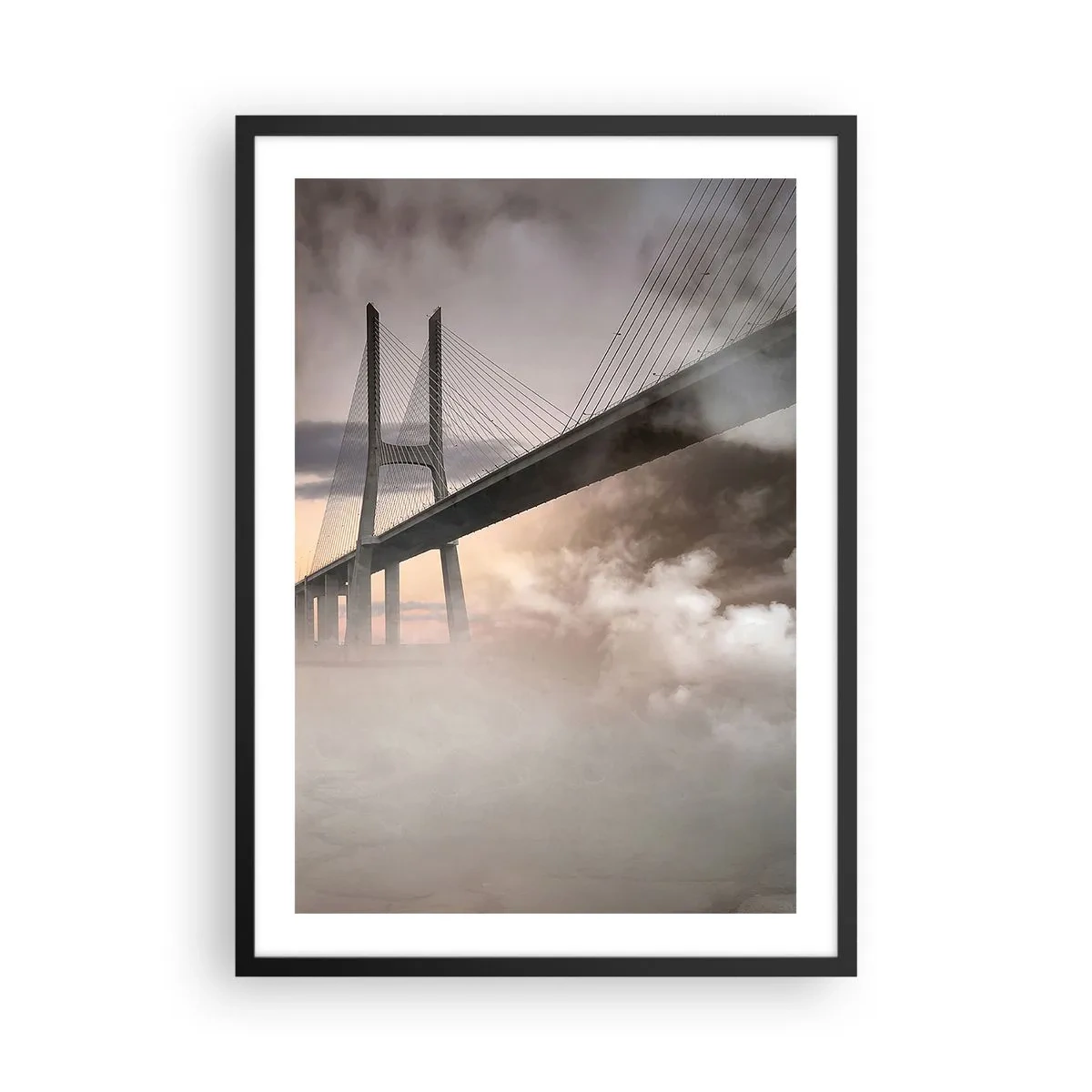 Poster in black frame - A bridge in the fog at sunrise - 50x70cm - By the River that Doesn't Exist - Modern wall decoration for the living room and bedroom ARTTOR