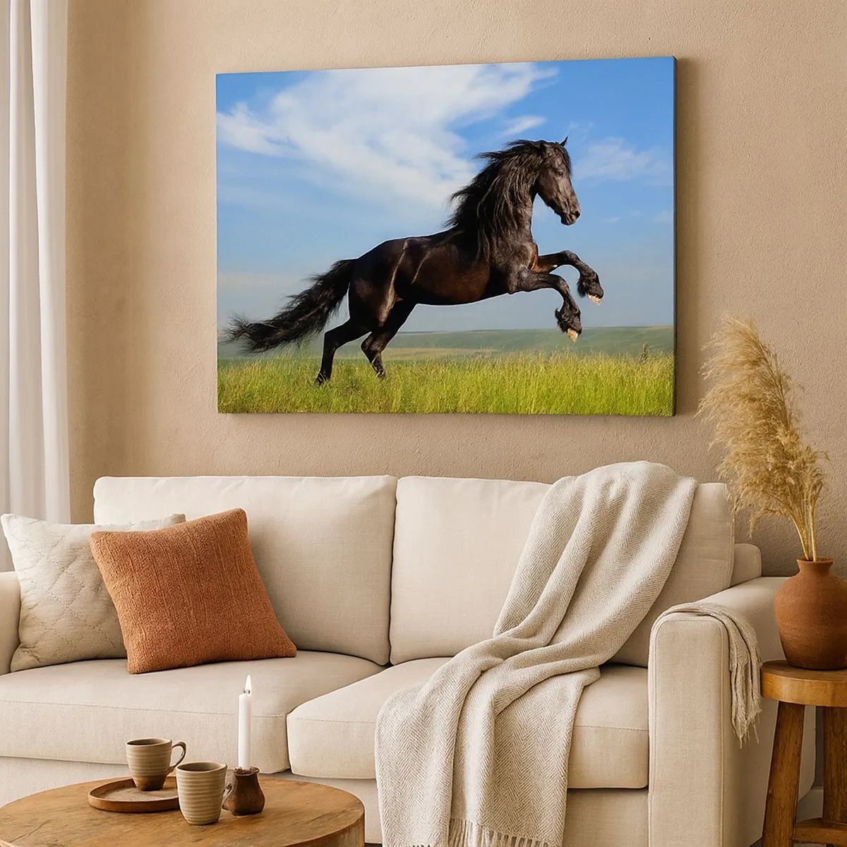 Canvas picture - A black horse running against a blue sky and a green meadow - 70x50cm - Thrilling Manifesto of Freedom - Modern wall decoration for the living room and bedroom ARTTOR
