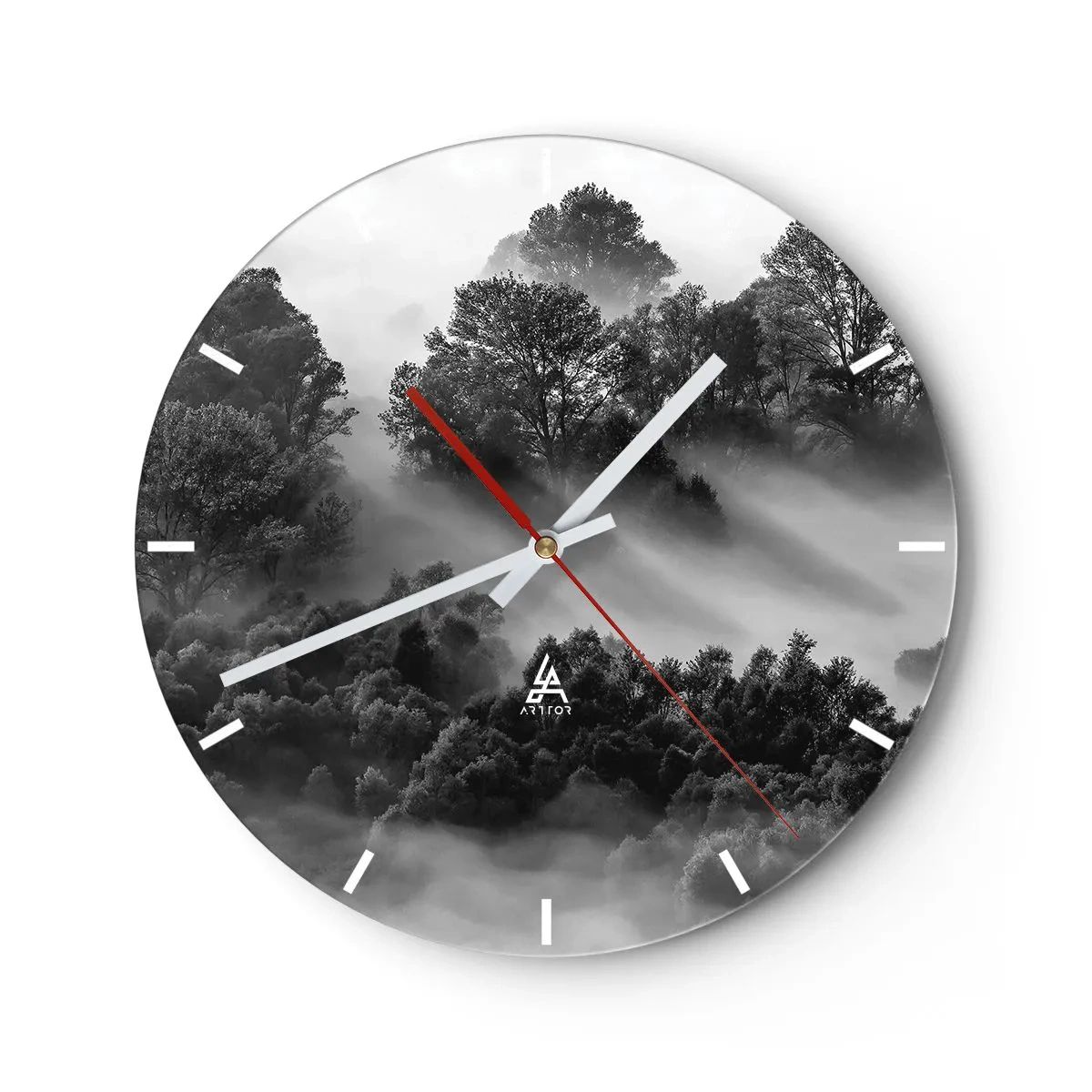 Wall clock - Clock on glass - Black and white mountain landscape with fog in the forest - 30x30cm - Rising from a Sleep - Modern wall decoration for the living room, kitchen, and bedroom ARTTOR