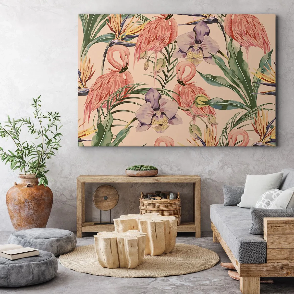 Canvas picture - Flamingos and tropical flowers on a light background - 70x50cm - Pink Ballet among Flowers - Modern wall decoration for the living room and bedroom ARTTOR