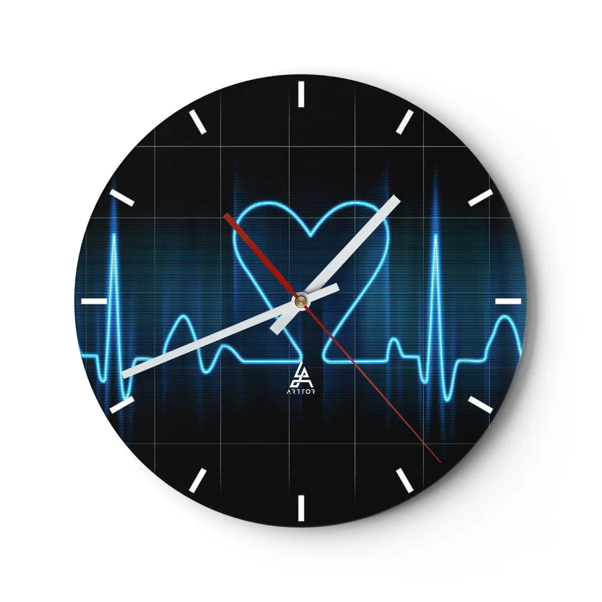 Wall clock - Clock on glass - Heart-shaped EKG line motif on a black background - 30x30cm - In a Heartbeat - Modern wall decoration for the living room, kitchen, and bedroom ARTTOR