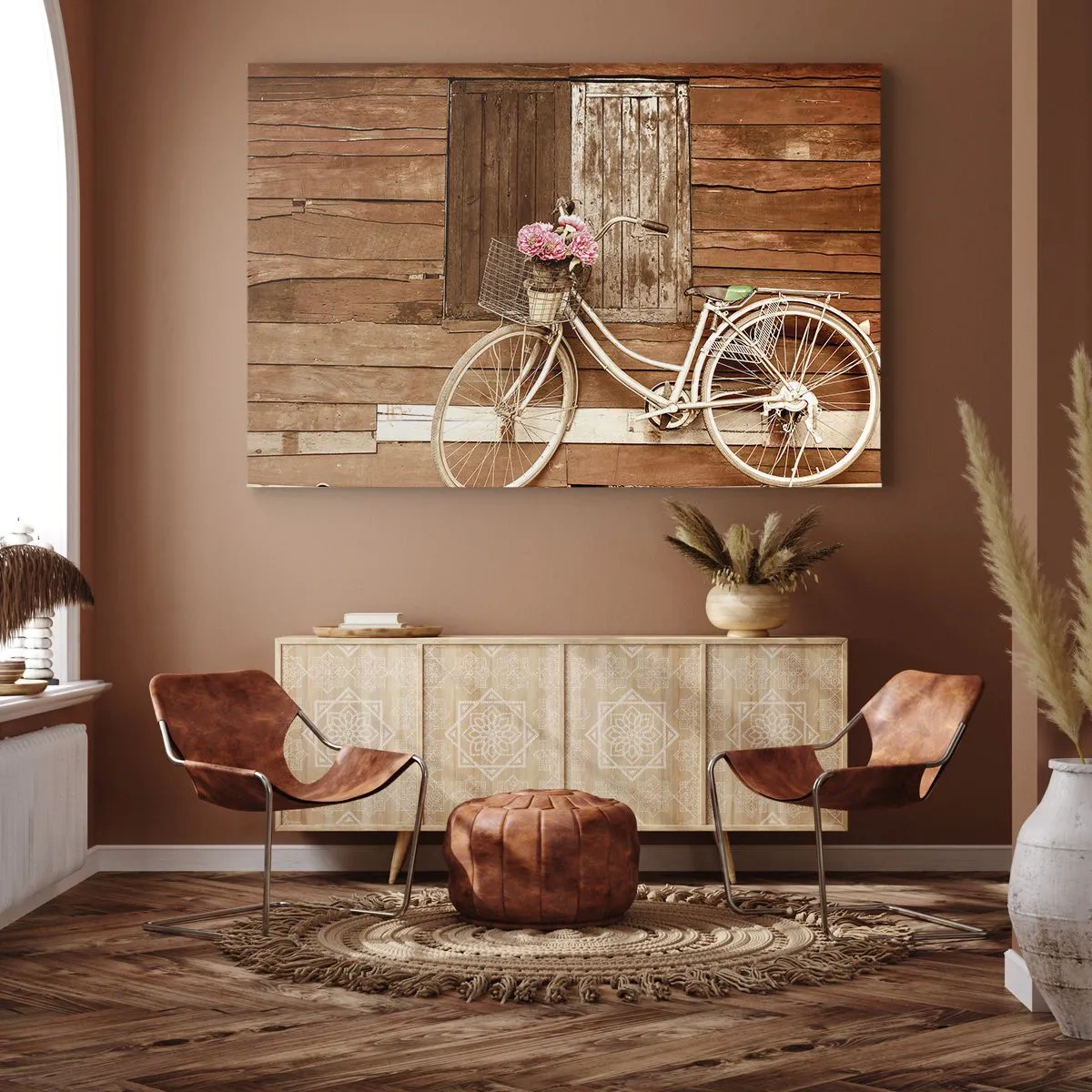 Canvas picture - A bicycle with a basket full of roses against a wooden wall - 70x50cm - Be Right Back - Modern wall decoration for the living room and bedroom ARTTOR