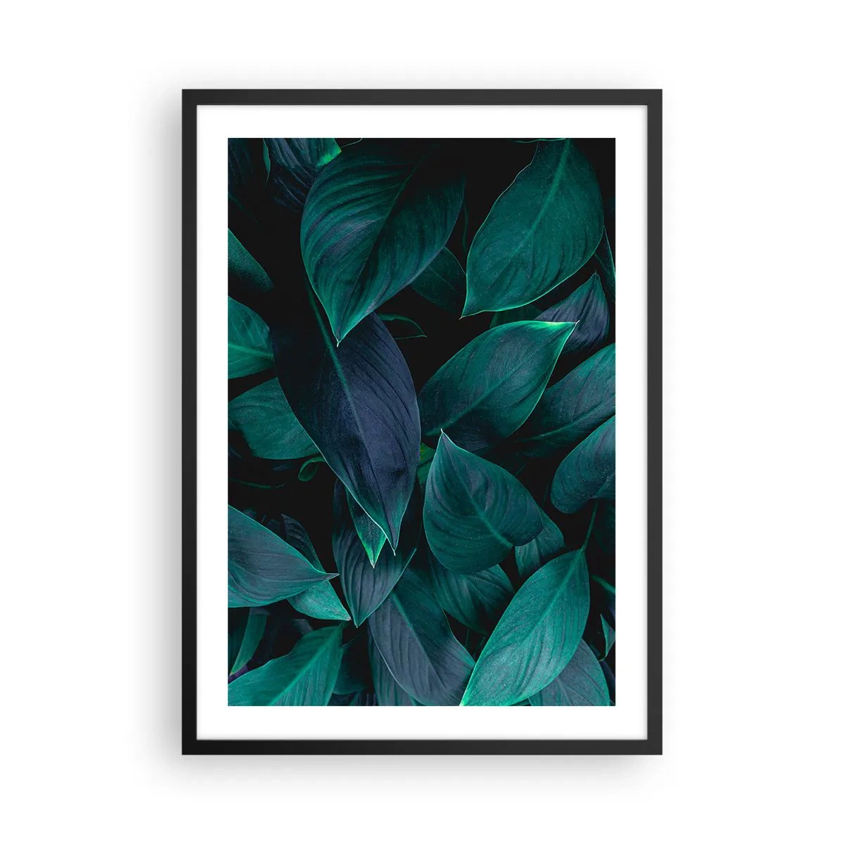 Poster in black frame - Dark green leaves with subtle backlighting - 50x70cm - The Green Itself - Modern wall decoration for the living room and bedroom ARTTOR