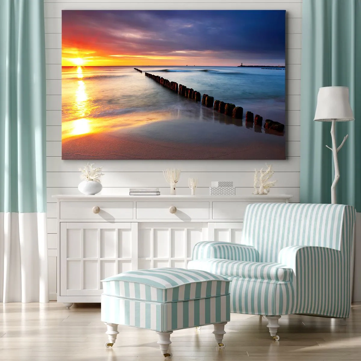 Canvas picture - Sunset over the sea with a breakwater in the foreground - 70x50cm - Listen to the Silence - Modern wall decoration for the living room and bedroom ARTTOR