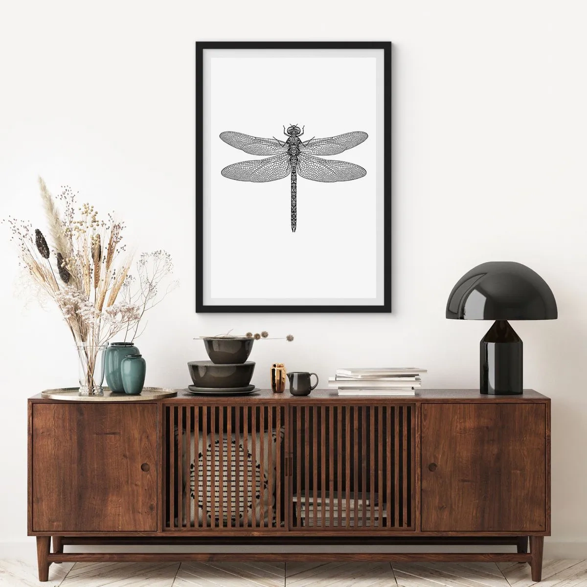 Poster in black frame - Black and white illustration of a dragonfly on a white background - 50x70cm - Precision of Nature - Modern wall decoration for the living room and bedroom ARTTOR