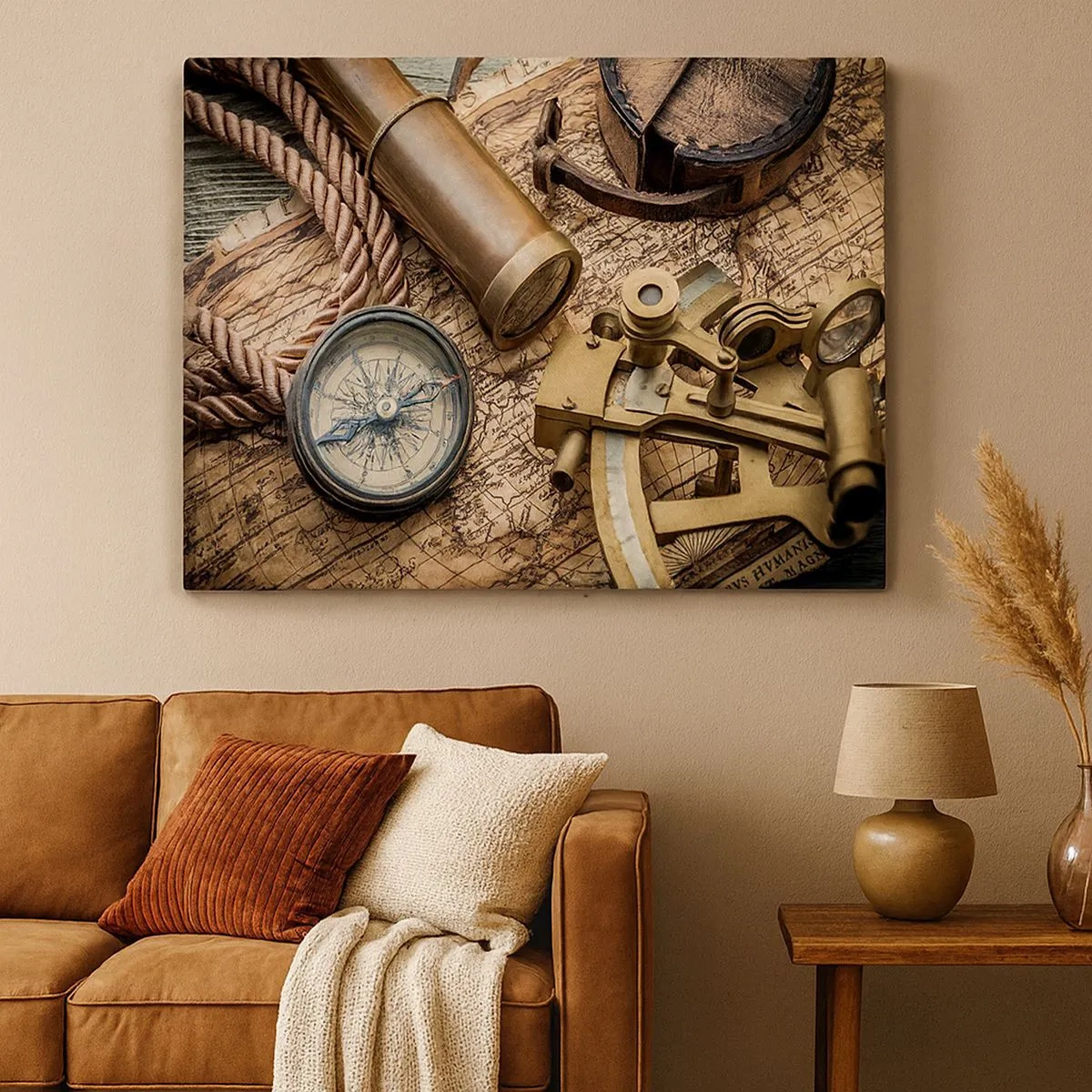 Canvas picture - A compass, sextant, and telescope against the background of an old map and nautical rope. - 70x50cm - Show the Way - Modern wall decoration for the living room and bedroom ARTTOR
