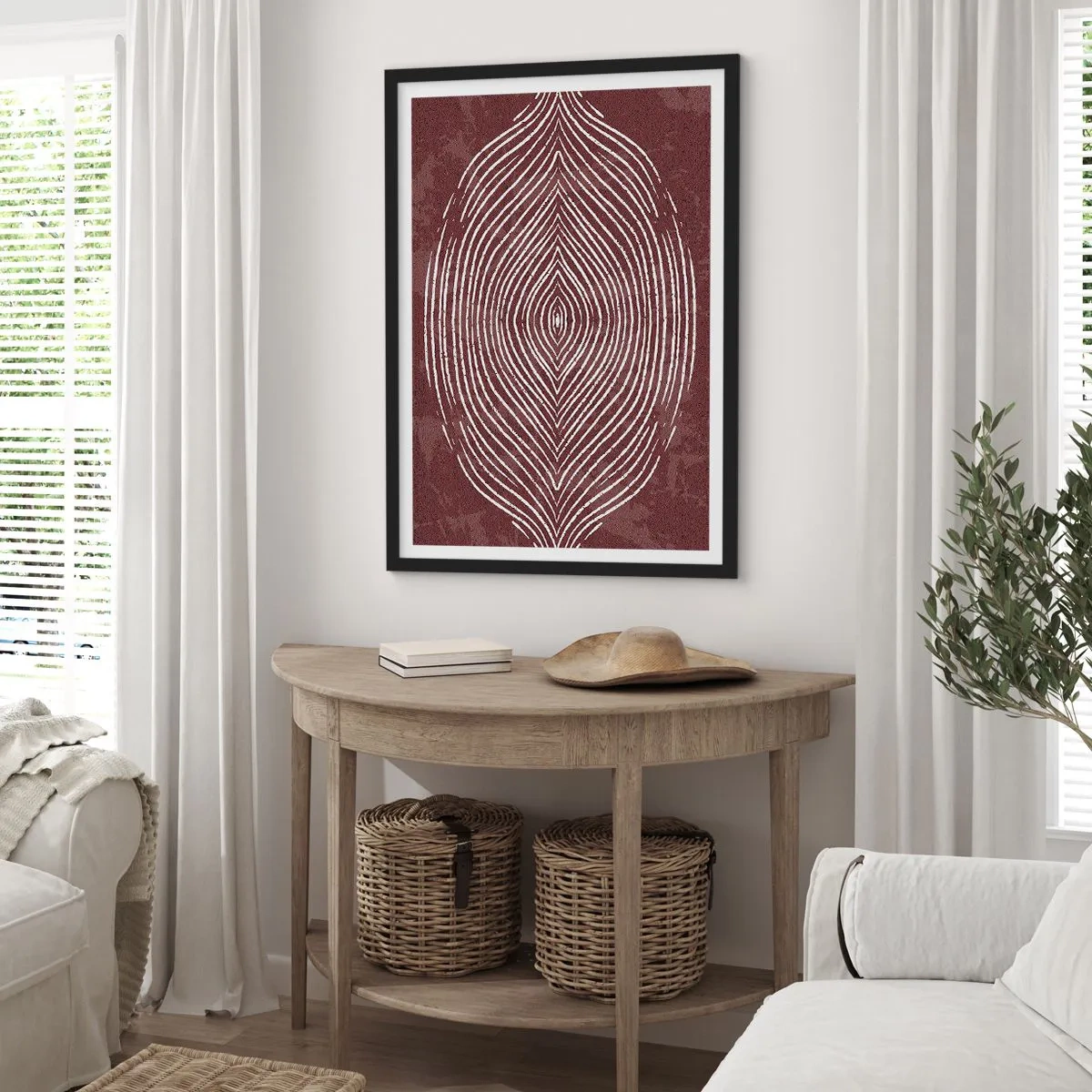 Poster in black frame - hypnotic pattern of white lines on a brown background. - 50x70cm - Space Talks - Modern wall decoration for the living room and bedroom ARTTOR