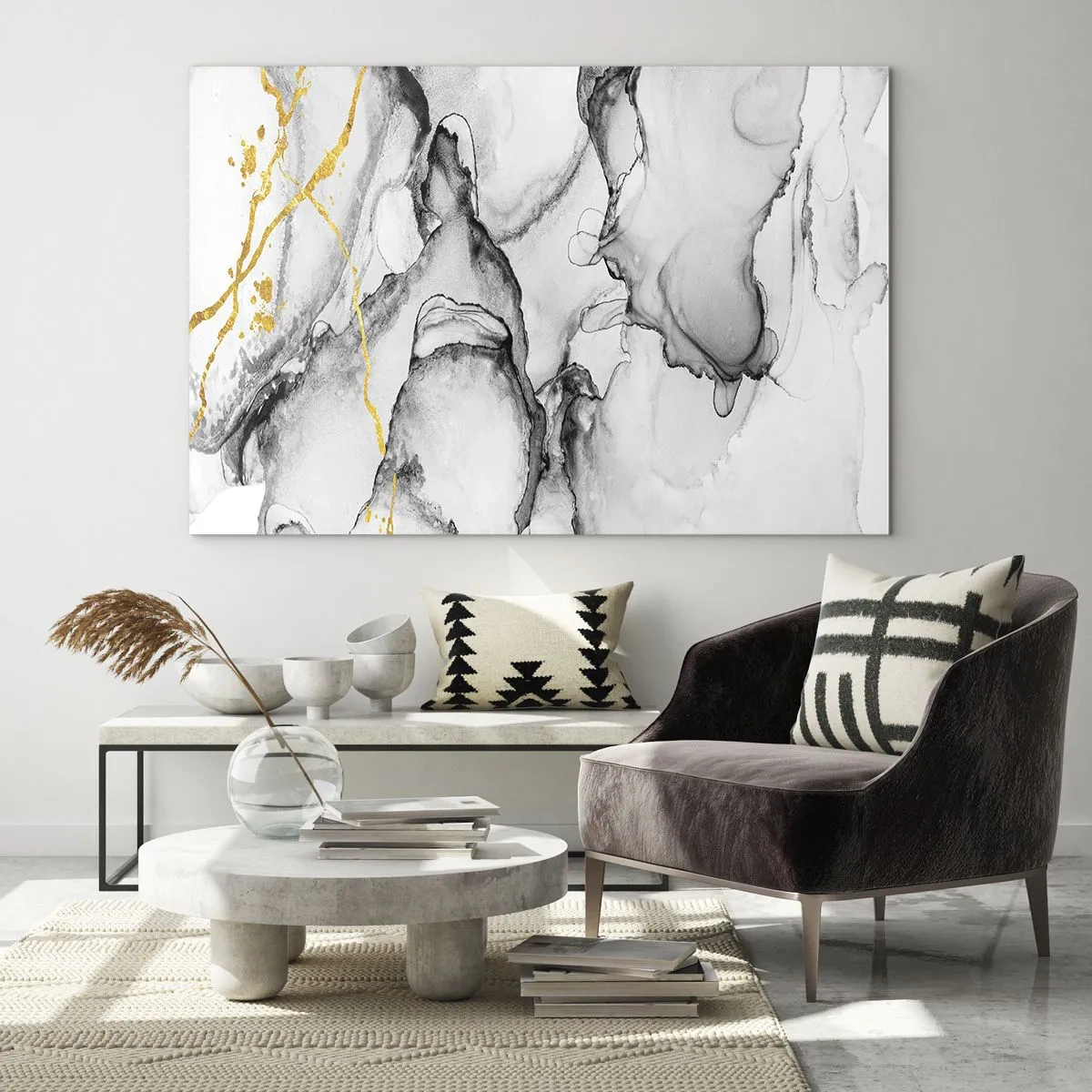 Glass picture - Abstract black and white composition with a gold accent - 70x50cm - Composition with a Golden Motif - Modern wall decoration for the living room and bedroom ARTTOR