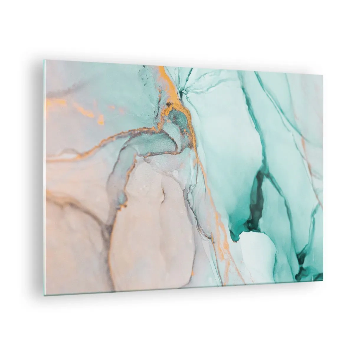 Glass picture - An abstract composition in shades of turquoise and gold. - 70x50cm - Dance of Shapes and Colours - Modern wall decoration for the living room and bedroom ARTTOR