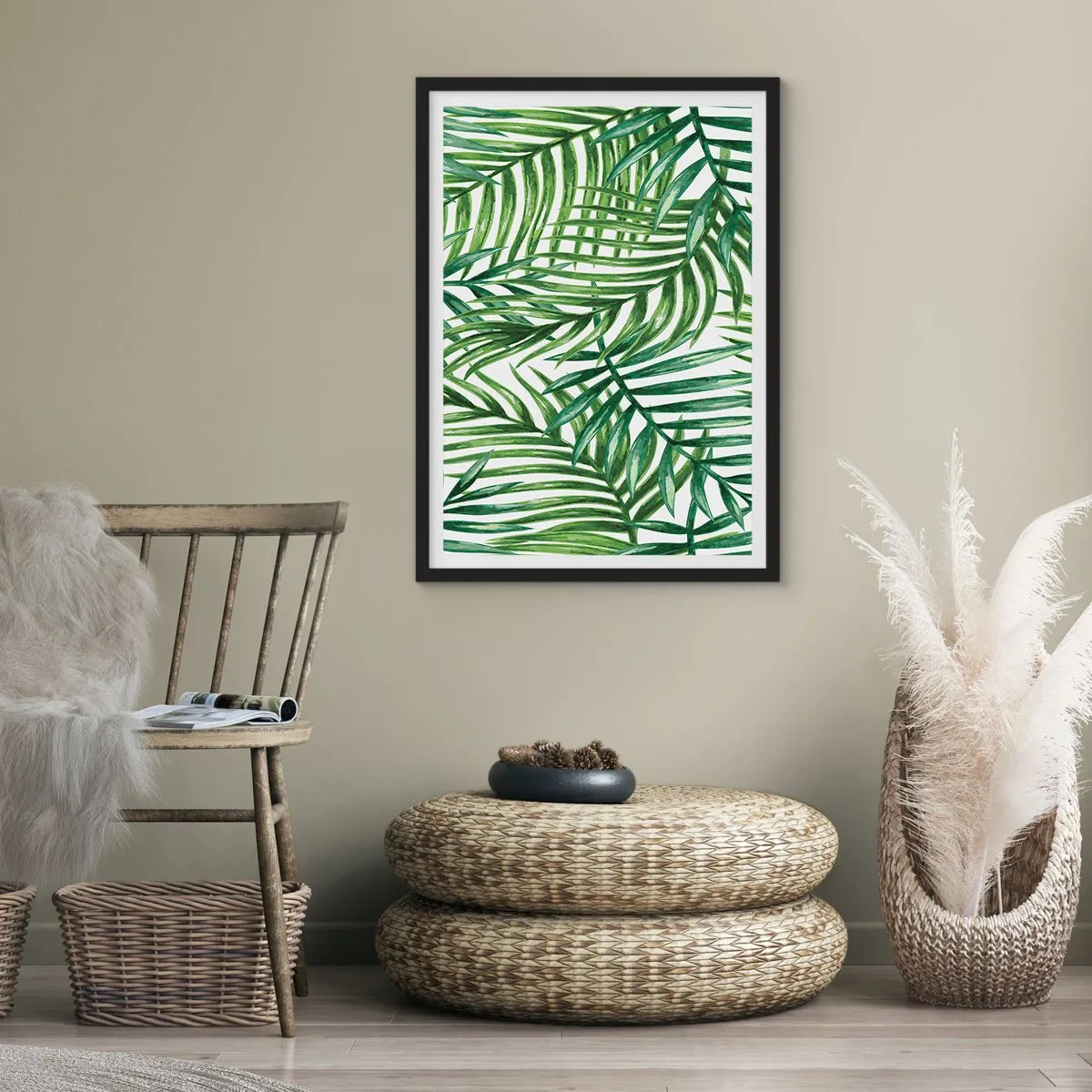 Poster in black frame - Palm trees in a minimalist botanical pattern - 50x70cm - Under the Green Canopy - Modern wall decoration for the living room and bedroom ARTTOR