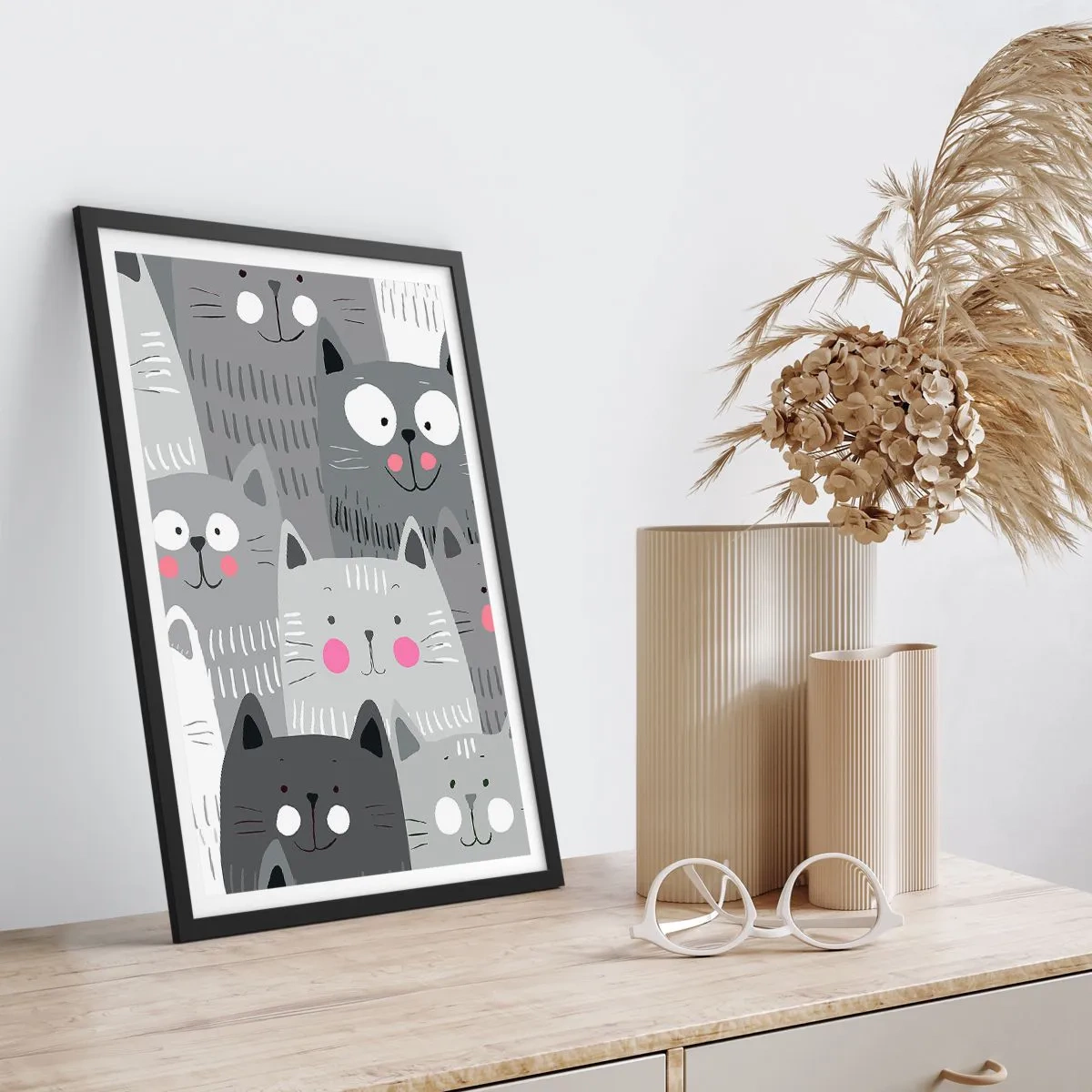 Poster in black frame - Funny cats in shades of gray - 50x70cm - Cat's World - Modern wall decoration for the living room and bedroom ARTTOR