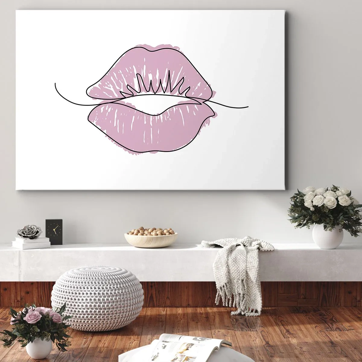 Canvas picture - Minimalist lip drawing in a pink shade - 70x50cm - Ready for a Kiss? - Modern wall decoration for the living room and bedroom ARTTOR