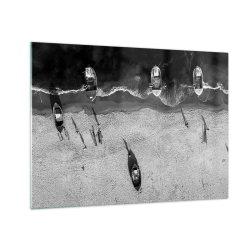 Glass picture - Black and white boats and their shadows on a sandy beach seen from above - 70x50cm - Still on the Shore… - Modern wall decoration for the living room and bedroom ARTTOR