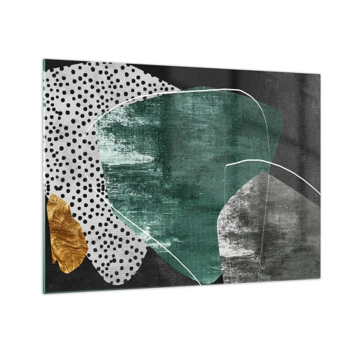 Glass picture - Green forms with a black background and a gold accent - 70x50cm - Colourful Abstract with a Golden Petal - Modern wall decoration for the living room and bedroom ARTTOR