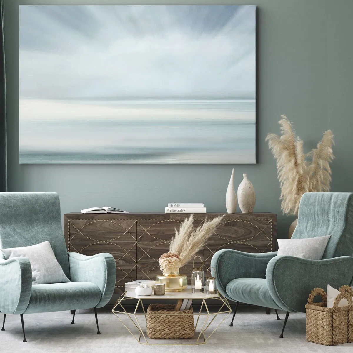 Canvas picture - A minimalist landscape in delicate shades of blue - 70x50cm - Calm up to the Horizon - Modern wall decoration for the living room and bedroom ARTTOR