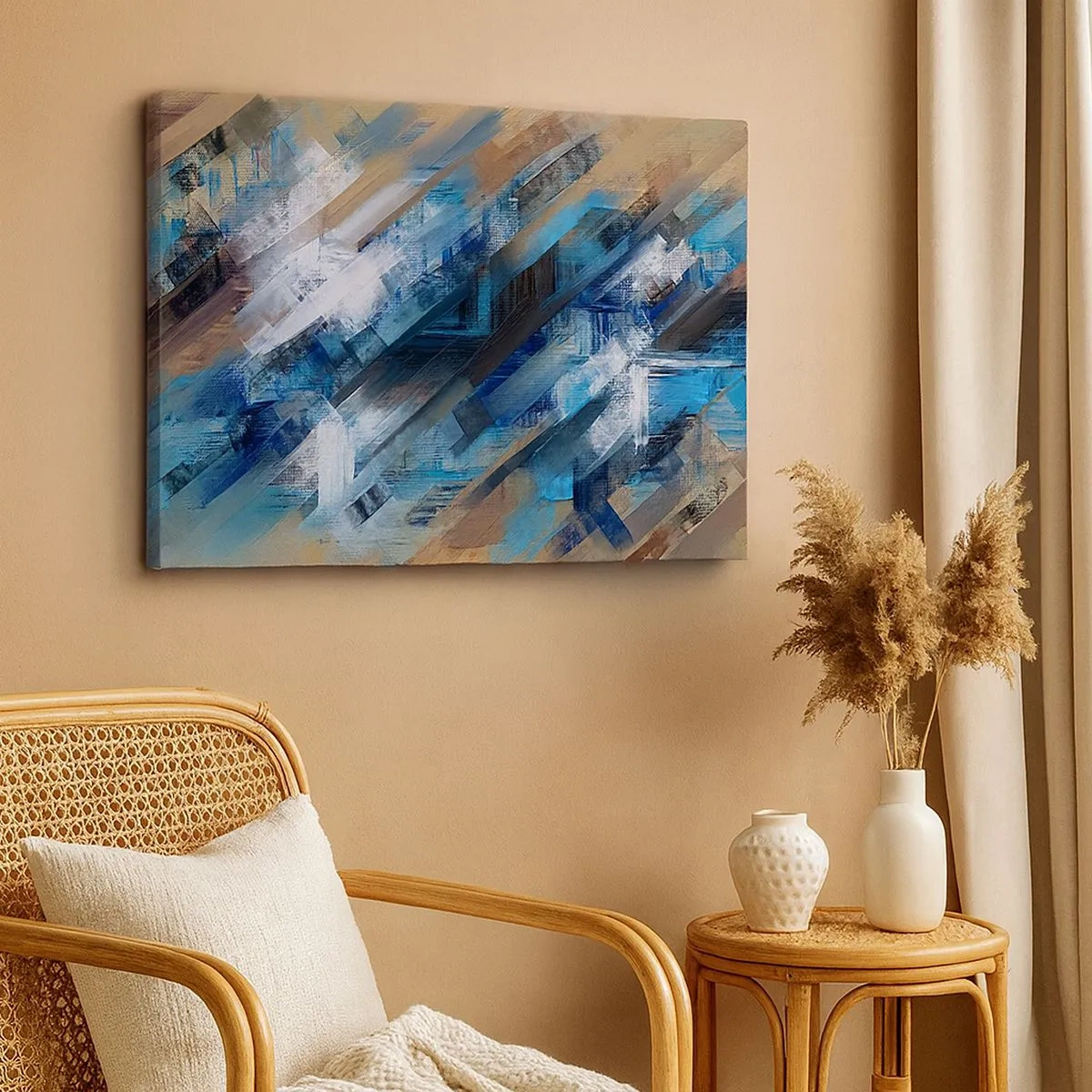 Canvas picture - Abstract composition with blue diagonal lines - 70x50cm - On the Blue Slant - Modern wall decoration for the living room and bedroom ARTTOR
