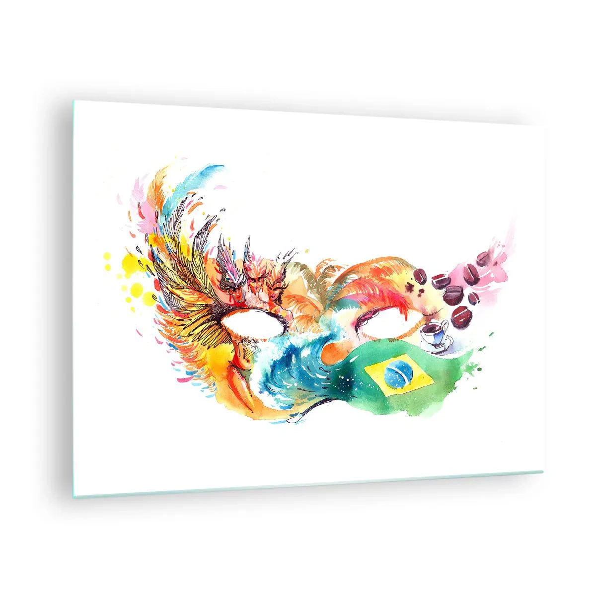 Glass picture - colorful mask inspired by the Brazilian carnival - 70x50cm - Brasil Welcomes with Smaba - Modern wall decoration for the living room and bedroom ARTTOR