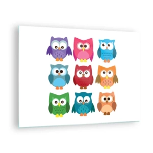 Glass picture - Colorful owls in a cartoon style on a white background - 70x50cm - It Can Be Fun to Differ - Modern wall decoration for the living room and bedroom ARTTOR