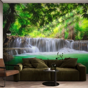 Photo Wallpaper Premium Sand - Cascade in Green - Landscape, Waterfall, National Park - 250x175 cm