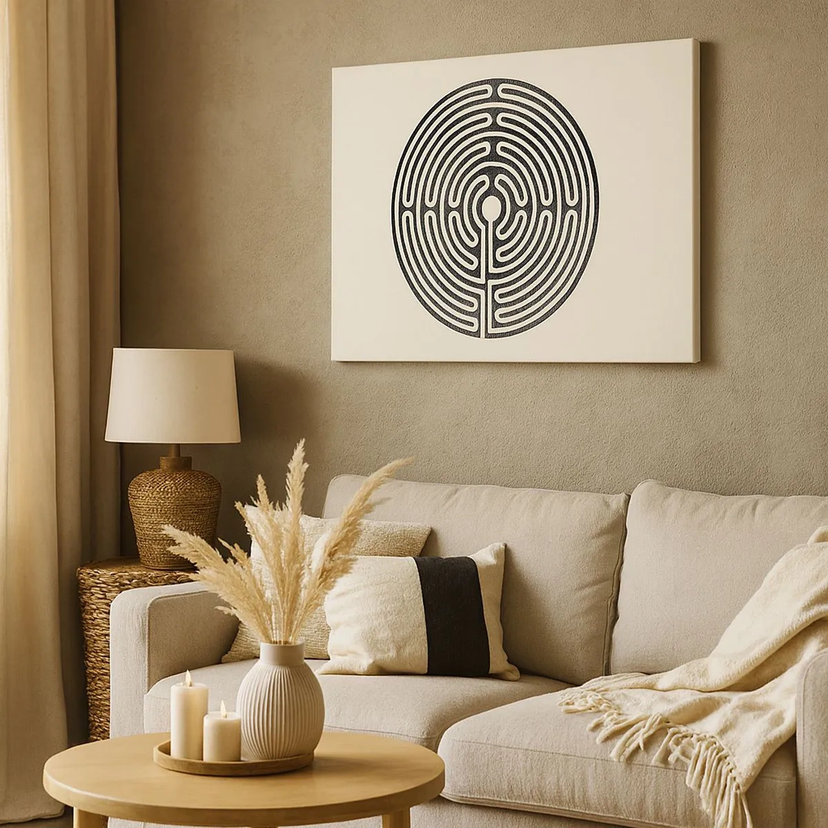 Canvas picture - Black and white circular maze on a light background - 70x50cm - Mysterious Order - Modern wall decoration for the living room and bedroom ARTTOR