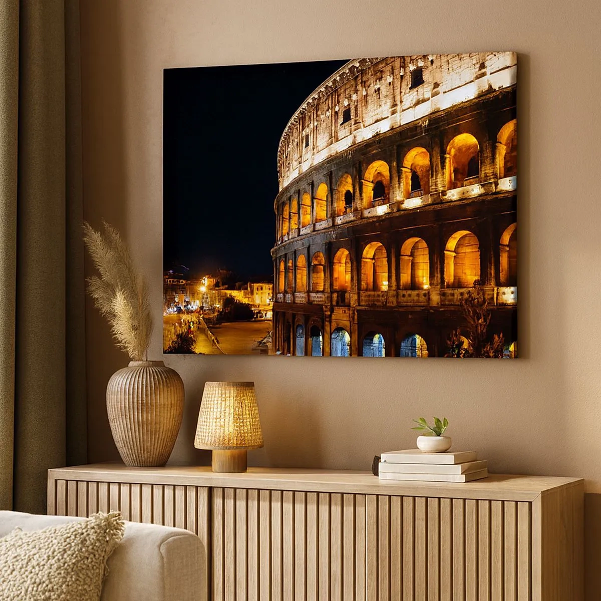 Canvas picture - The Colosseum illuminated by lights at night in Rome - 70x50cm - Olympics Must Start - Modern wall decoration for the living room and bedroom ARTTOR