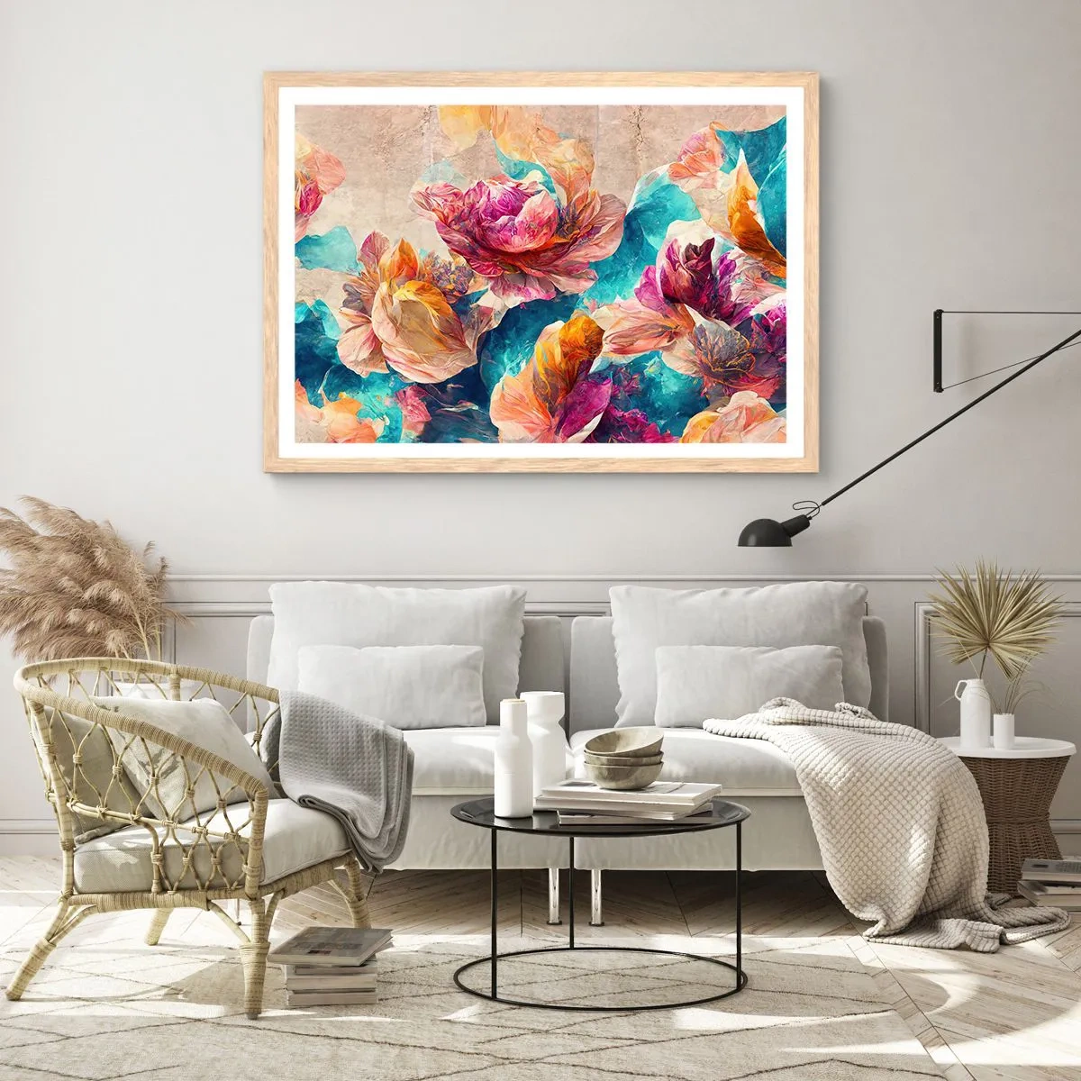 Poster in light oak frame - Colourful Splendour of a Bouquet - 50x40 cm