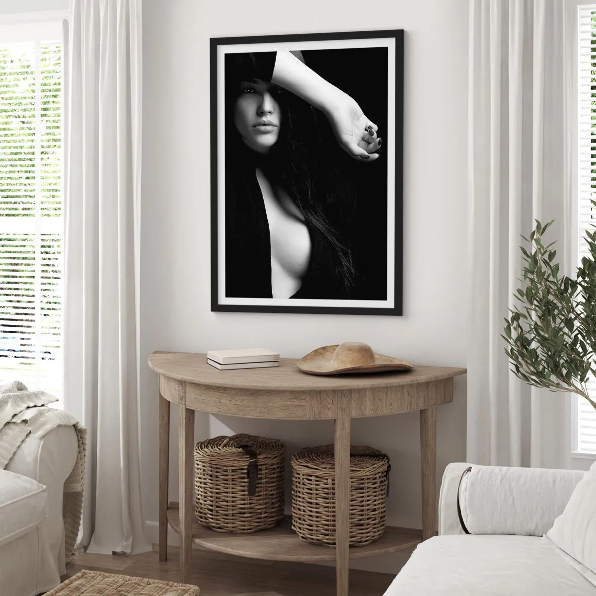 Poster in black frame - Black and white photograph of a woman with a mysterious look - 50x70cm - School of Seduction - Modern wall decoration for the living room and bedroom ARTTOR