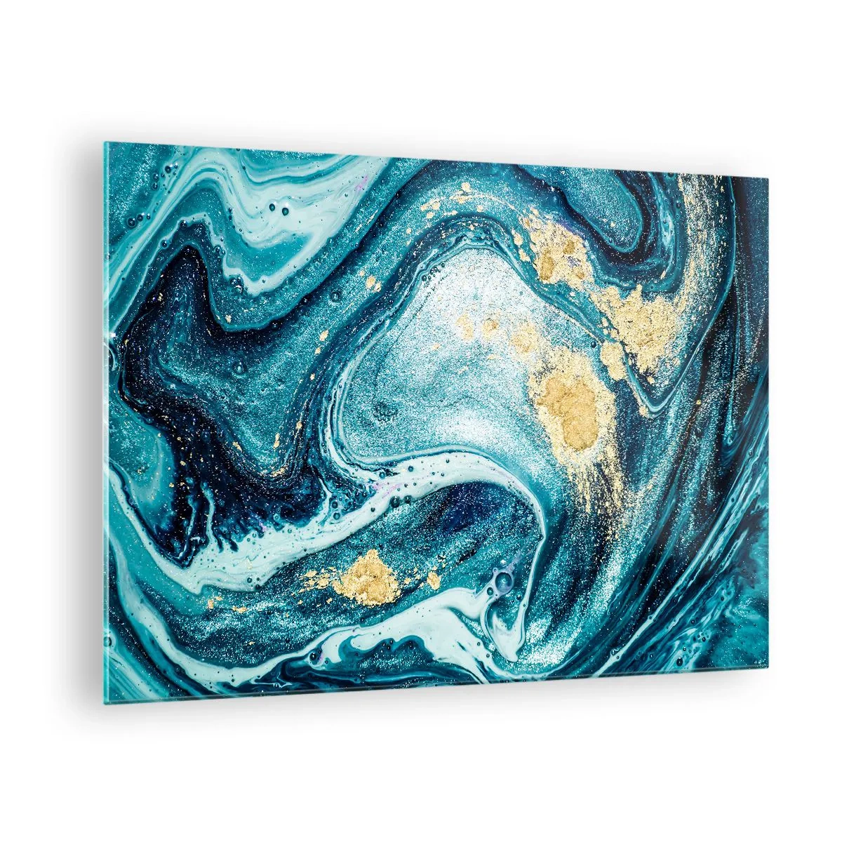 Glass picture - Abstract swirls in shades of turquoise and gold - 70x50cm - Blue Whirl - Modern wall decoration for the living room and bedroom ARTTOR