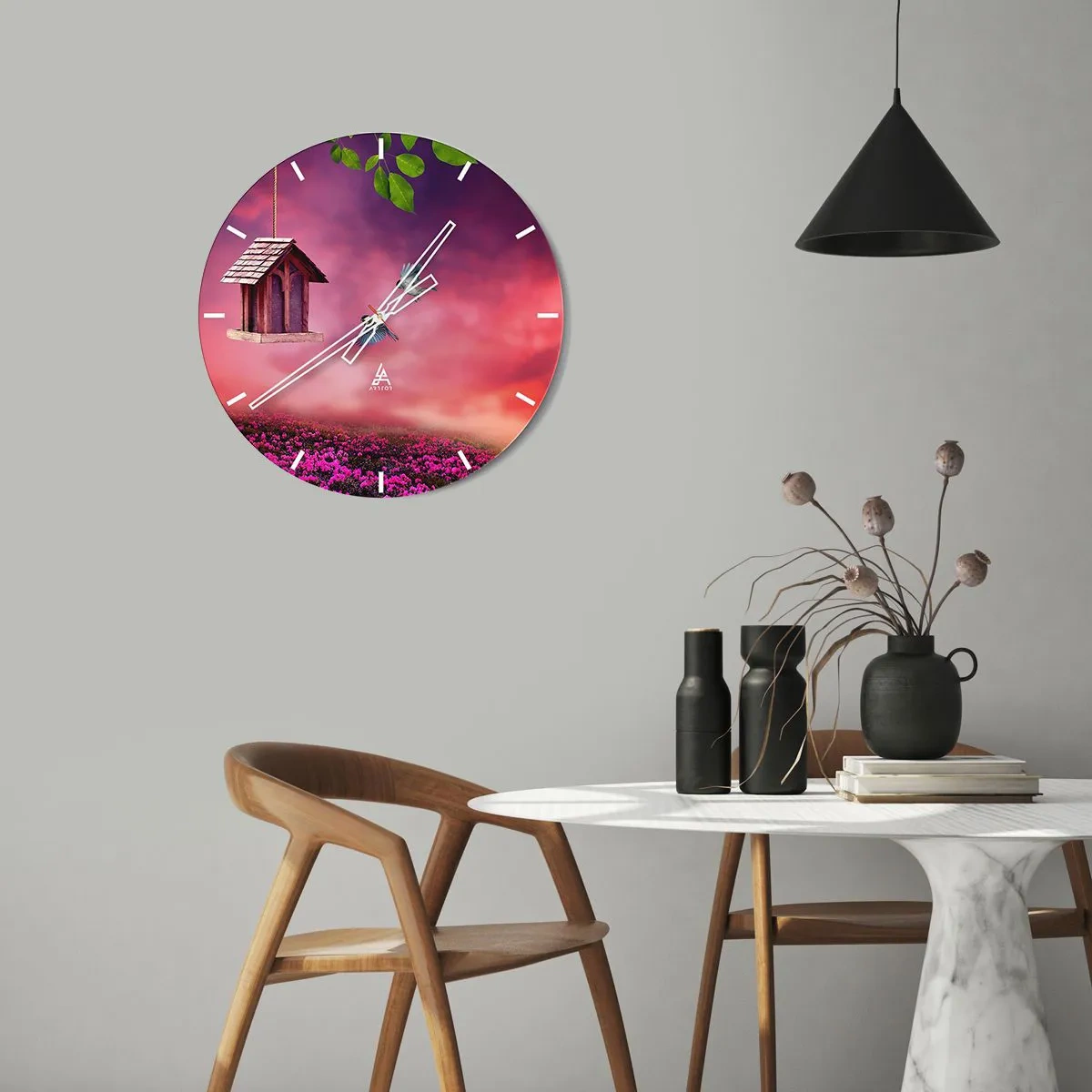Wall clock - Clock on glass - Landscape with a birdhouse, pink sky, and green leaves - 30x30cm - Invitation to Dinner - Modern wall decoration for the living room, kitchen, and bedroom ARTTOR