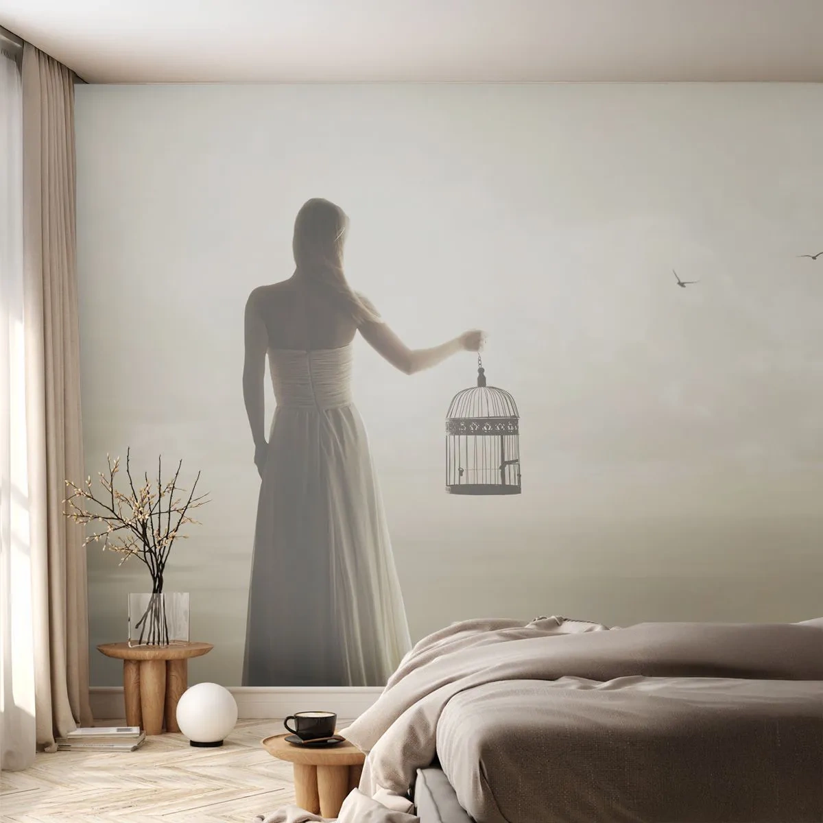 Photo Wallpaper Standard Eco - A woman with a cage looking into the distance against the sky and sea - 100x70cm - Be Free - Modern wall decoration for the living room and bedroom ARTTOR