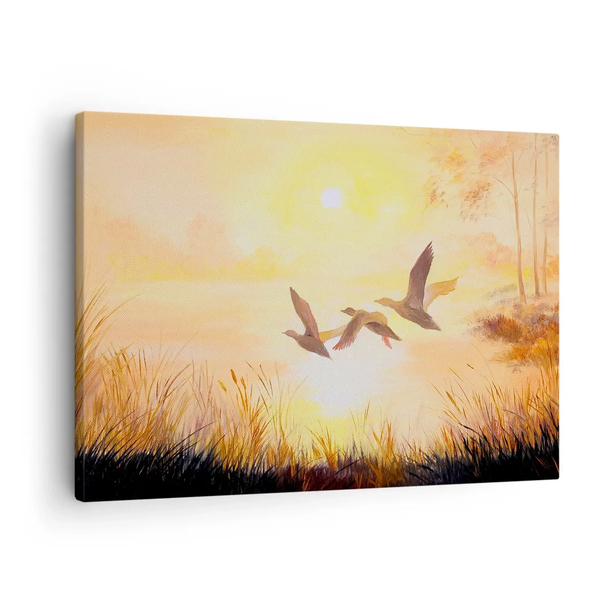 Canvas picture - Ducks flying at sunrise over the lake - 70x50cm - Beginning of a Distant Journey - Modern wall decoration for the living room and bedroom ARTTOR