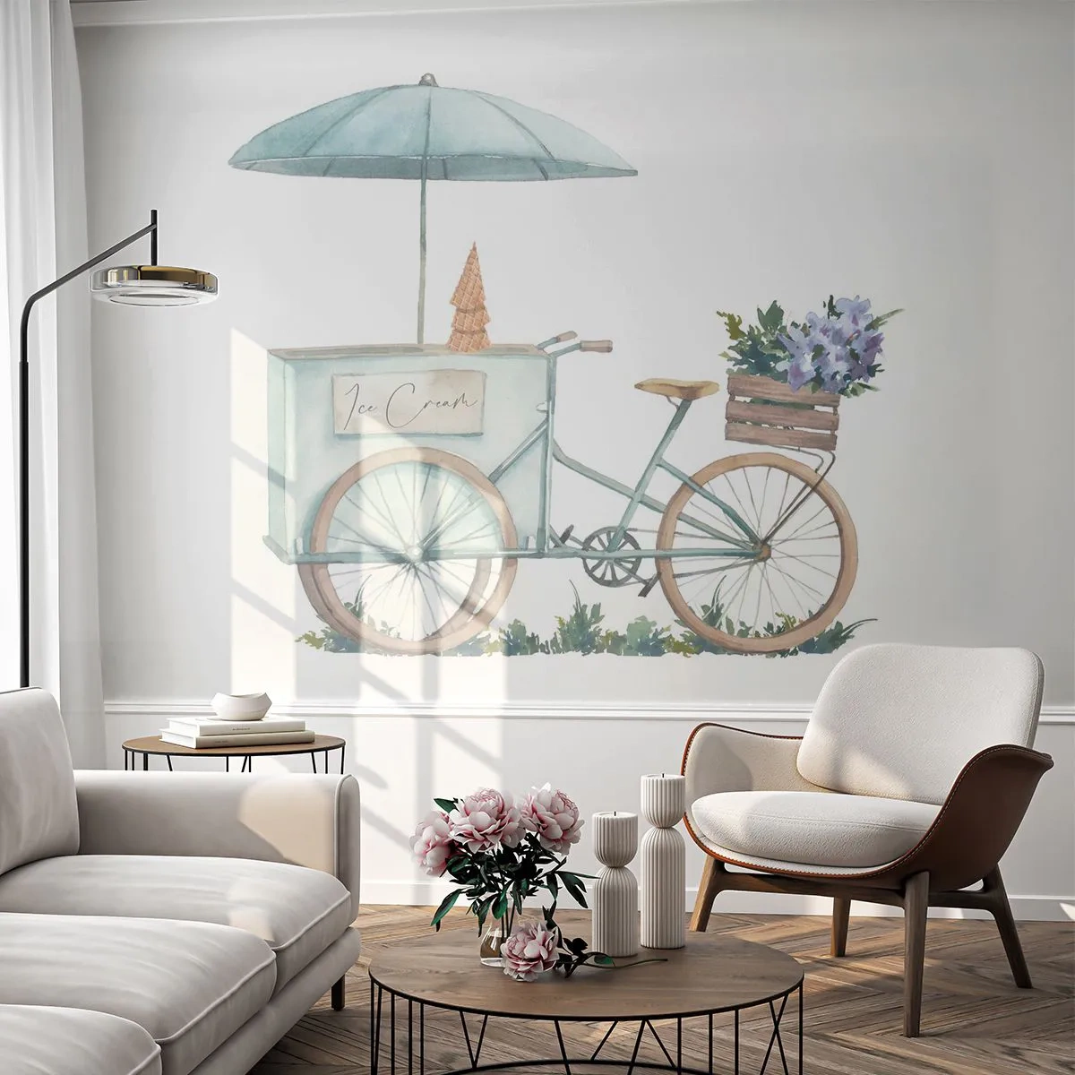 Photo Wallpaper Premium Sand - Sweet Memory of the Summer - Pastel, Ice-cream, Bicycle - 100x70 cm