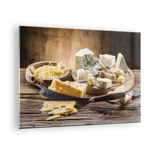 Glass picture - Cheese board with knife on rustic table - 70x50cm - Say Cheese! - Modern wall decoration for the living room and bedroom ARTTOR