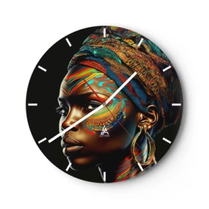 Wall clock - Clock on glass - Color portrait of a woman in a turban against a black background - 30x30cm - African Queen - Modern wall decoration for the living room, kitchen, and bedroom ARTTOR
