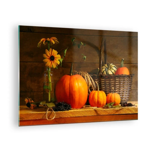 Glass picture - Autumn still life with pumpkins and flowers - 70x50cm - Rustic Composition - Fruit of Autumn - Modern wall decoration for the living room and bedroom ARTTOR