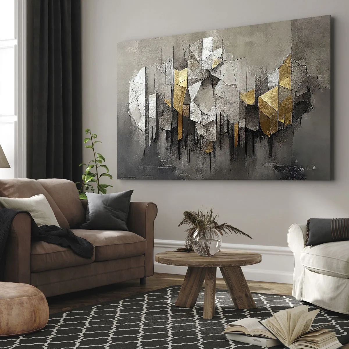 Canvas picture - Geometric abstraction in shades of gold and gray - 70x50cm - Composition of Ice and Light - Modern wall decoration for the living room and bedroom ARTTOR