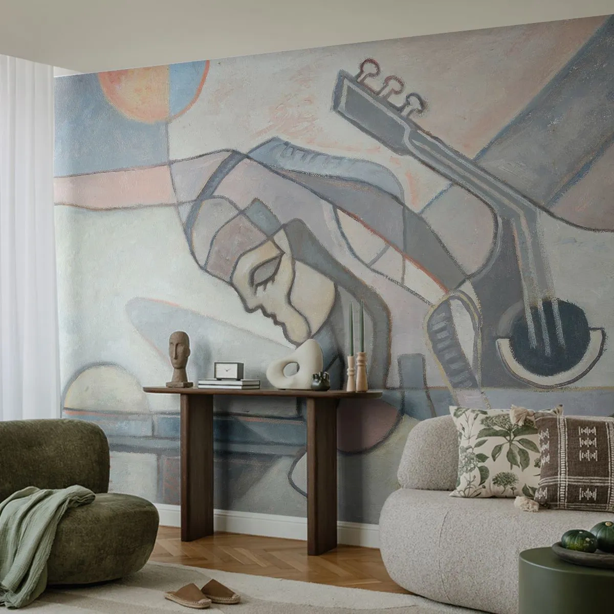 Photo Wallpaper Standard Eco - Abstract portrait of a woman with a guitar in shades of gray. - 100x70cm - Ruled by Music - Modern wall decoration for the living room and bedroom ARTTOR