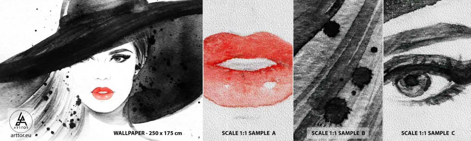 Photo Wallpaper Sample Premium Sand - Lady in Black - Woman, Woman's Face, Portrait of a Woman - 100x30 cm