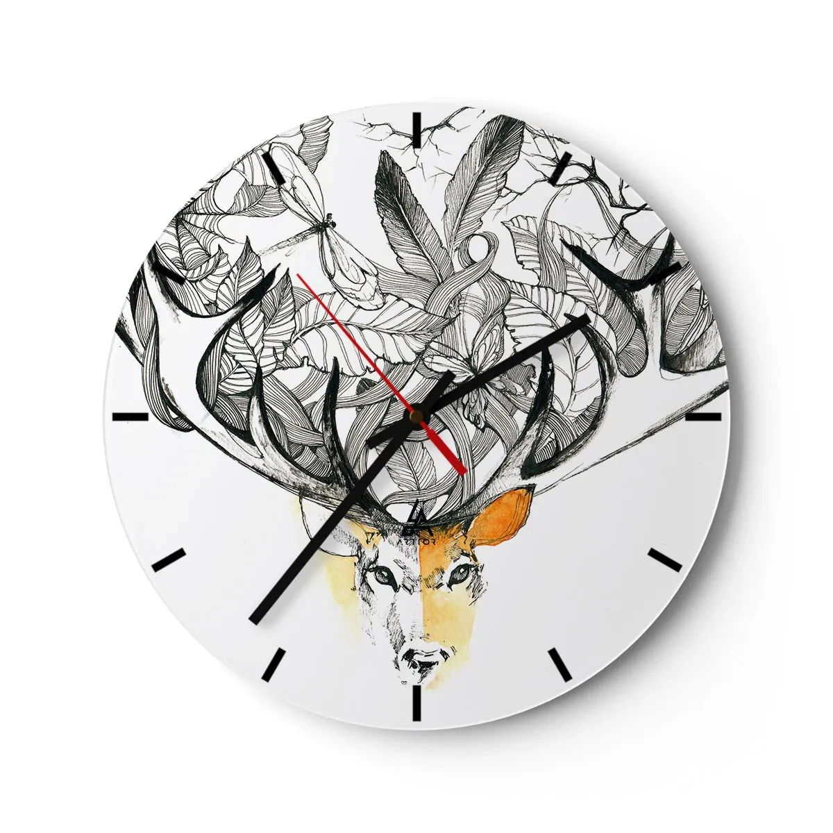 Wall clock - Clock on glass - Artistic drawing of a deer with spreading antlers and leaves - 30x30cm - Cornucopia - Modern wall decoration for the living room, kitchen, and bedroom ARTTOR