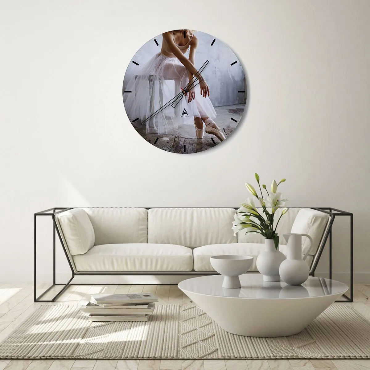 Wall clock - Clock on glass - A ballerina in a white dress getting ready to dance - 30x30cm - Before the Ramp Lights Are On - Modern wall decoration for the living room, kitchen, and bedroom ARTTOR