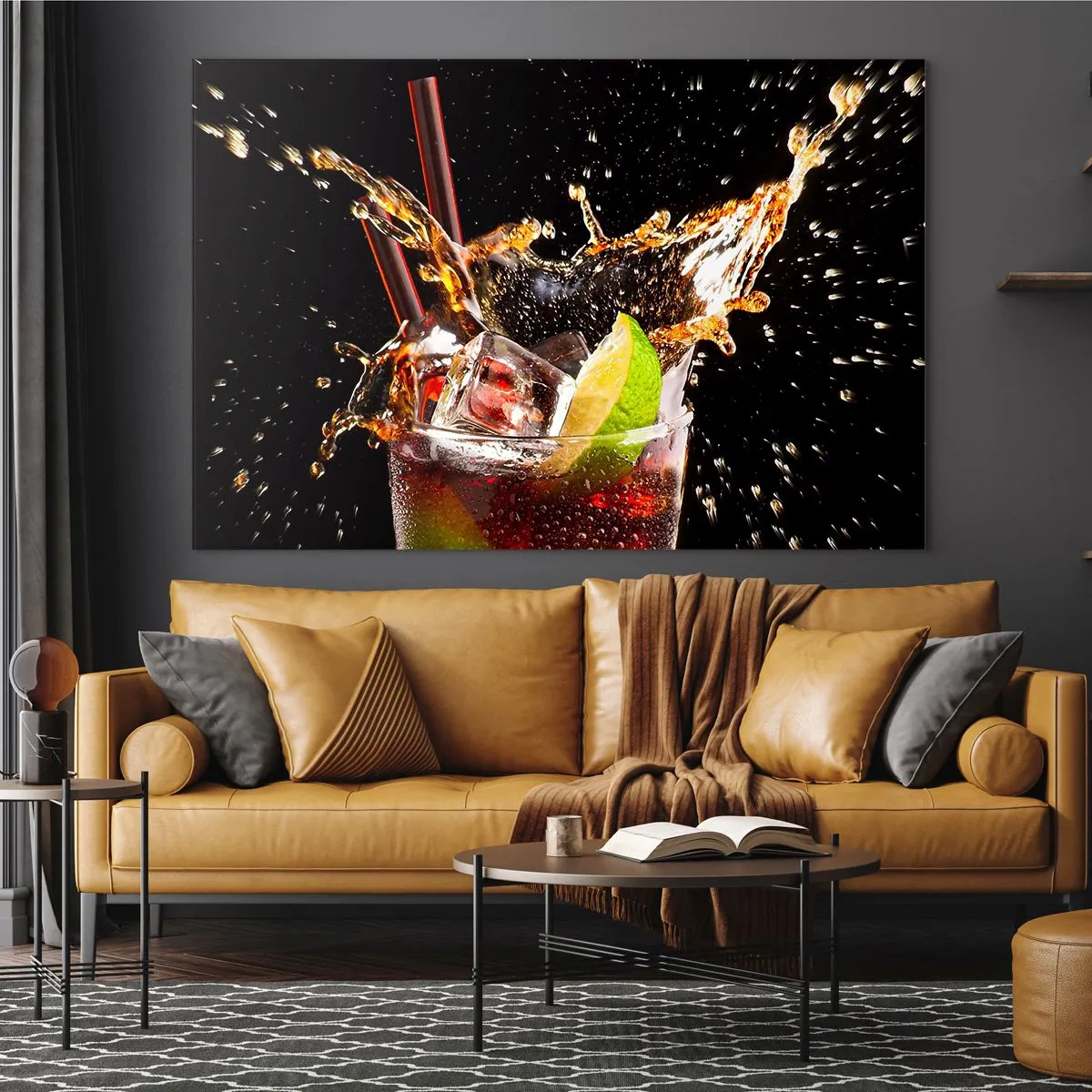 Glass picture - A glass of drink with lime and splash on a black background - 70x50cm - Joy and Energy of Colours - Modern wall decoration for the living room and bedroom ARTTOR