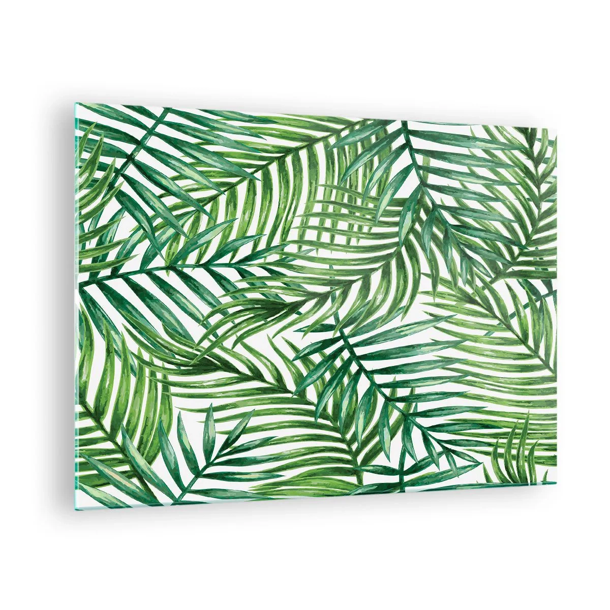 Glass picture - Green palm leaves on a white background creating a geometric pattern - 70x50cm - Under the Green Canopy - Modern wall decoration for the living room and bedroom ARTTOR