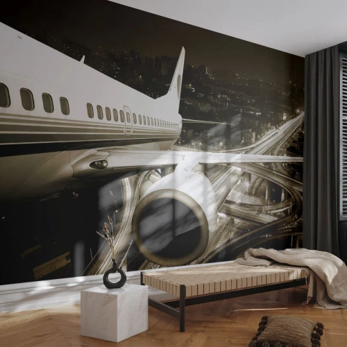 Photo Wallpaper Premium Sand - Flying into the Night - Plane, City, Automotive - 400x280 cm
