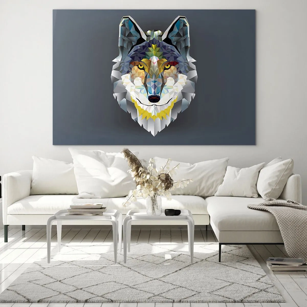 Glass picture - Geometric wolf on a dark background - 70x50cm - Speaking of the Wolf - Modern wall decoration for the living room and bedroom ARTTOR