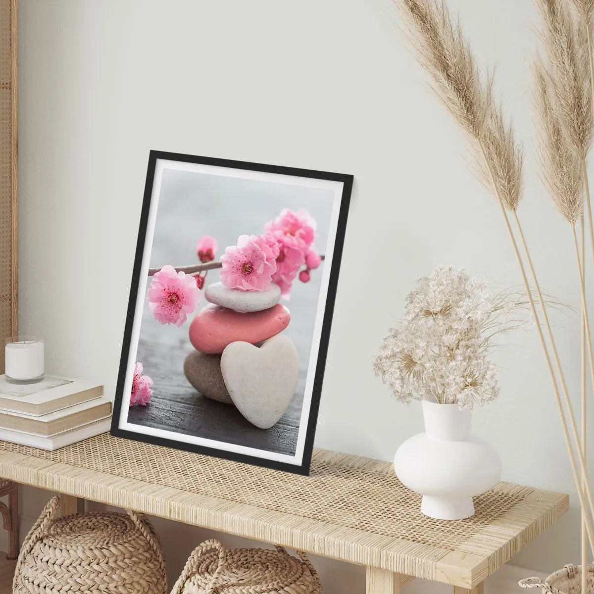 Poster in black frame - Heart-shaped stones with pink cherry blossoms - 50x70cm - Bliss with Cherry Blossom - Modern wall decoration for the living room and bedroom ARTTOR