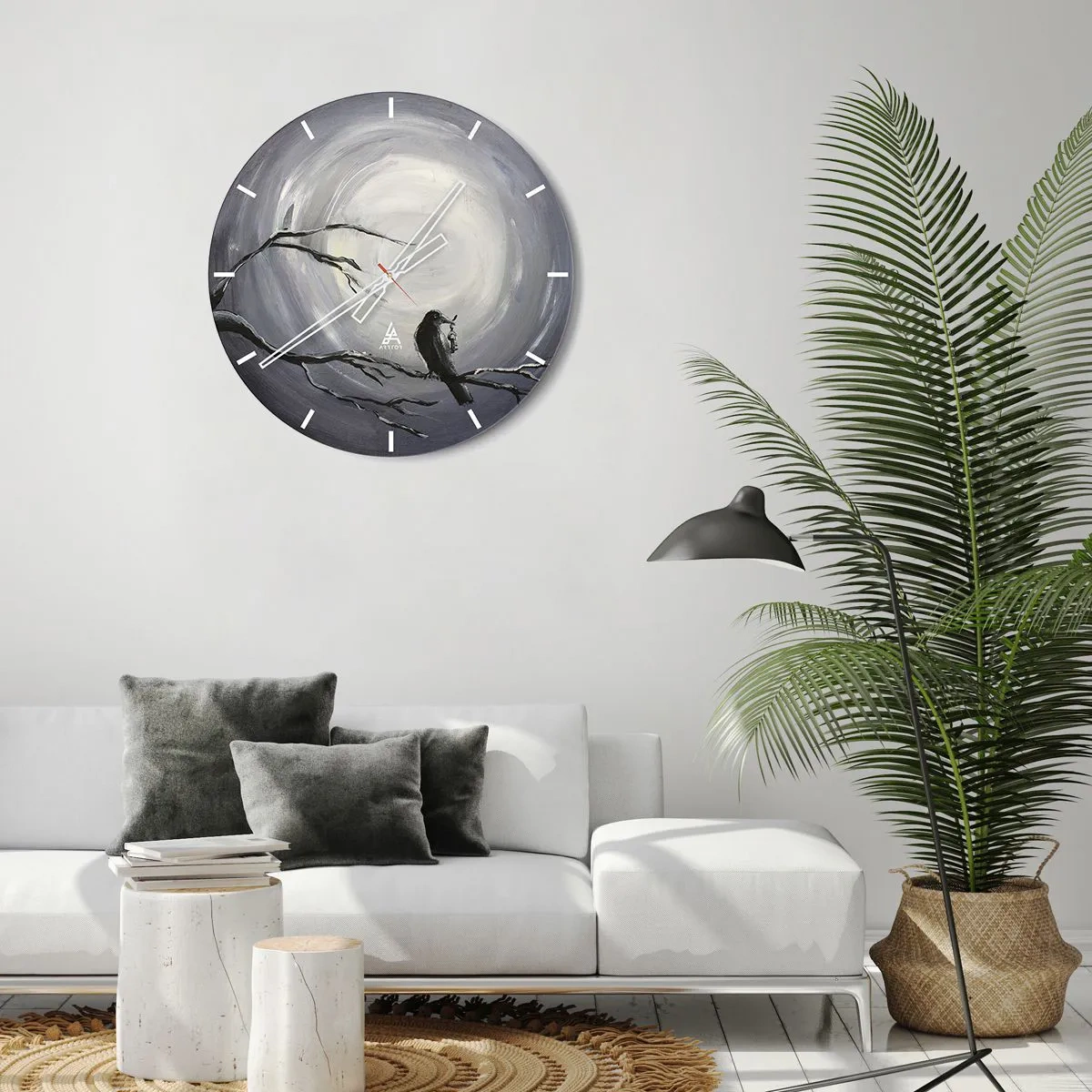 Wall clock - Clock on glass - Black bird on a branch in the moonlight - 30x30cm - Key to the Secret of the Night - Modern wall decoration for the living room, kitchen, and bedroom ARTTOR